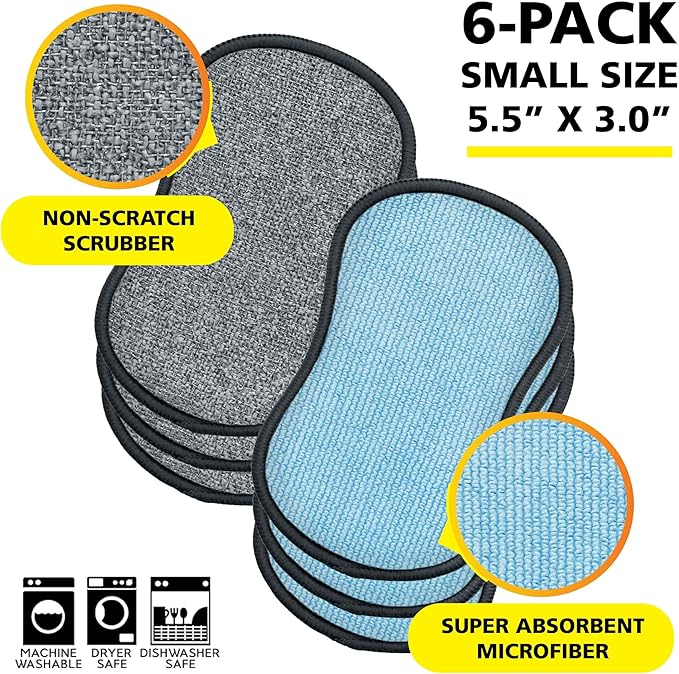 Original Scrub-N-Wipe Pad by Tuff-Scrub, 6-Pack, Microfiber, Multi-Surface, Non-Scratch, Dual-Sided, Scrubber for Dishes, Sinks, Non-Stick Cookware – Machine Washable, Durable Kitchen Sponge (Small)