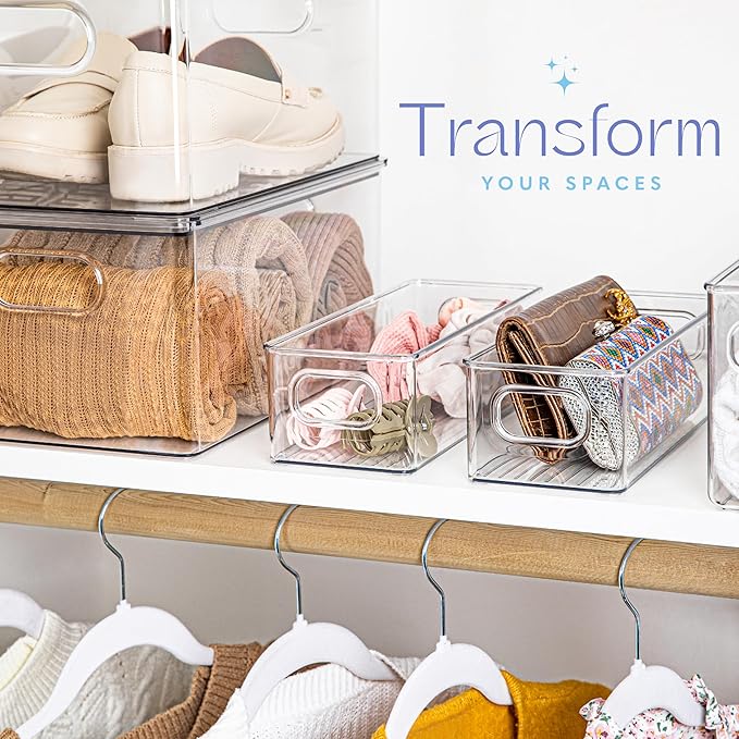 Plastic Food Storage Clear Container Bin with Handles for Organizing Kitchen, Pantry, Refrigerator, Freezer, Pantry, Cabinet, Closet, Bathroom. 10"X4"3"