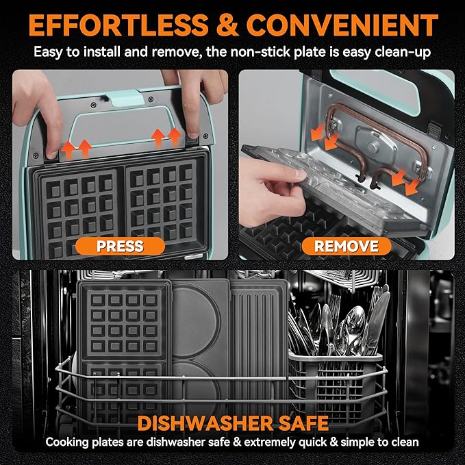 Baker’s Friend 3 in 1 Mini Waffle Maker with Removable Plates, Mini Pancake Maker, Grilled Cheese Maker, Breakfast Sandwich Maker Press, Mini Indoor Grill, Belgian Waffle Maker, Aqua