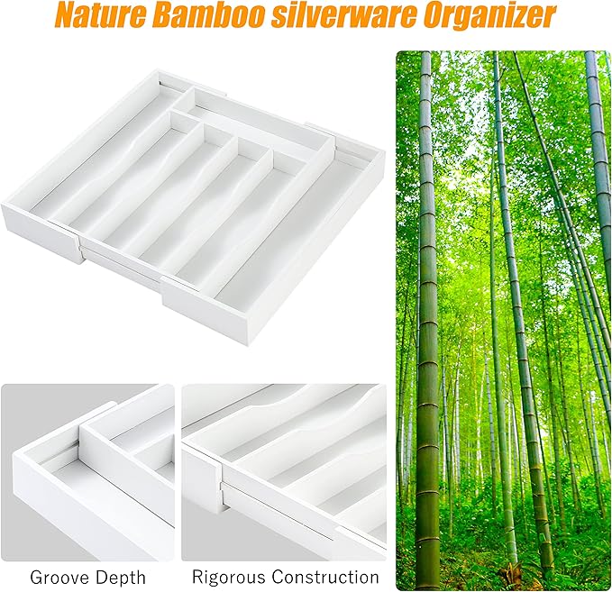 Bellsal White Silverware Organizer Kitchen Drawer Organizer Expandable Bamboo Utensil Holder Cutlery Tray for Kitchen Utensil and Flatware Bedroom Office