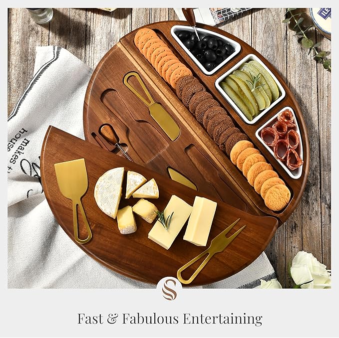Shanik Premium Acacia Wood Cheese Board - Large Charcuterie Set with Cutting Wood for Serving - Ideal for Christmas, Wedding, Parties - Gift for Housewarming, Birthdays, Anniversaries - With Engraving