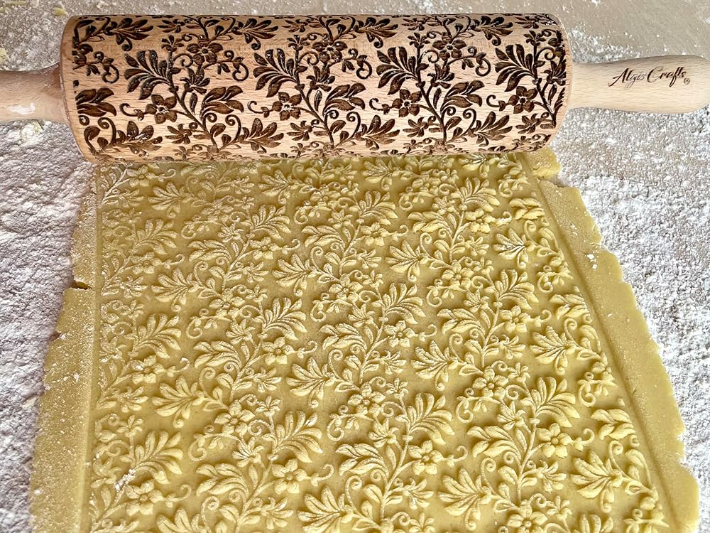 Embossing Rolling Pin FLORAL WREATH with Flowers Pattern. Dough and Clay Roller for Embossed Cookies and Pottery. Cookie and Ceramic Stamp. Backing Gifts for Women by Algis Crafts