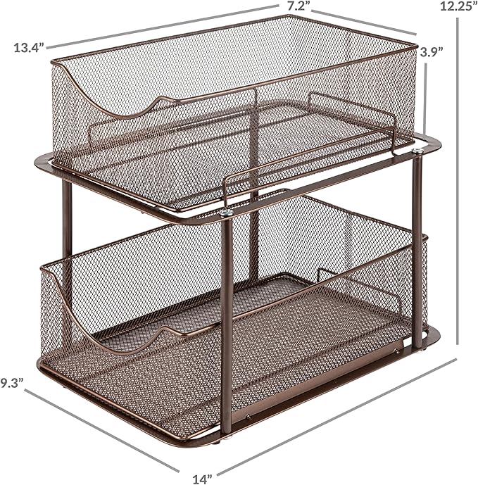 Sorbus 2 Tier Metal Under Sink Organizer for Bathroom, Kitchen, Strong Steel Mesh Sliding Drawers for Under Sink, Under Cabinet, Closet, Kitchen, Pantry, Bathroom Organizers and Storage (Brown)