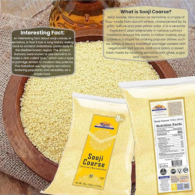 Rani Sooji Coarse (Farina, Suji, Rava, Rawa, Wheat Semolina) Flour 128oz (8lbs) 3.63kg Bulk ~ All Natural | Vegan | NON-GMO | Kosher | Indian Origin