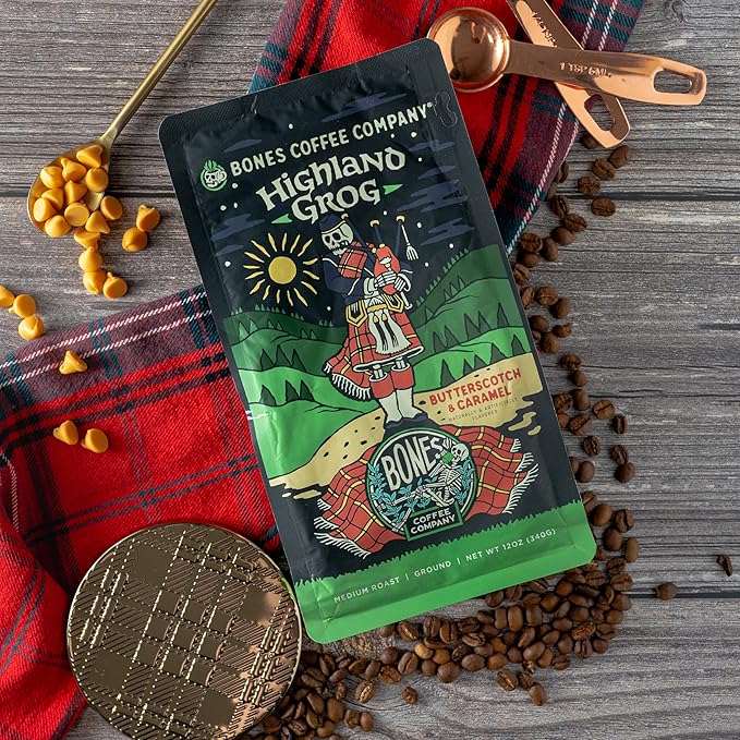 Bones Coffee Company Highland Grog, Butterscotch Caramel Flavored Coffee, Medium Roast Low Acid Arabica Beans Compatible with Auto drip and French Press Coffee Maker, 12 Oz Whole Bean