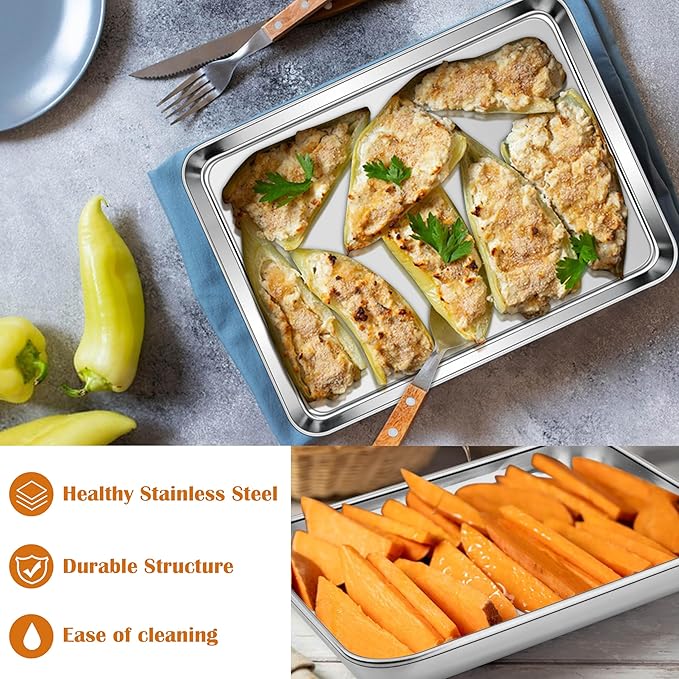 E-far Small Baking Sheet Set of 4, 10.5”x8.3” Stainless Steel Cookie Sheets Pans, Compact Non-toxic Metal Toaster Oven Trays for Cake, Healthy & Rust Free, Mirror Finish & Dishwasher Safe