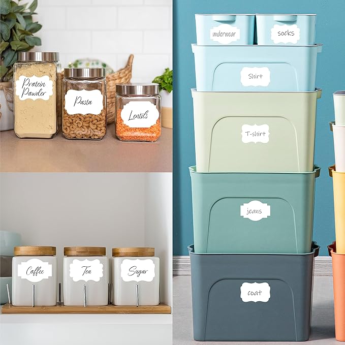 300 PCS White Stickers, 5 Fancy Shapes Labels Blank Stickers Roll White Name Tags with Permanent Adhesive for File Folders, Food Jars, Gift Tags, Home Office Business Uses (2” x 3”)