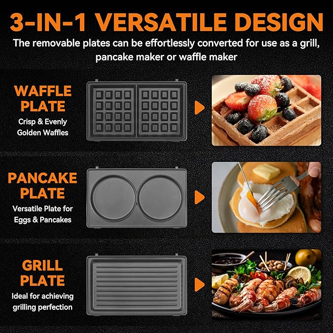 Baker’s Friend 3 in 1 Mini Waffle Maker with Removable Plates, Mini Pancake Maker, Grilled Cheese Maker, Breakfast Sandwich Maker Press, Mini Indoor Grill, Belgian Waffle Maker, Aqua