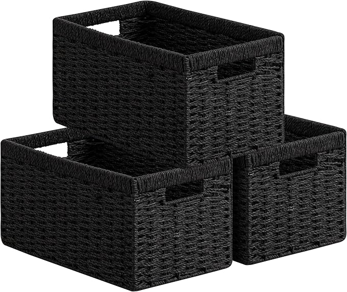 UBBCARE 3 Pack Wicker Basket, 13.4L×8.3H×7.1W inch Woven Paper Rope Storage Baskets for shelves, Foldable Rectangular Storage Baskets with Handle, Storage Basket for Organizing, Black