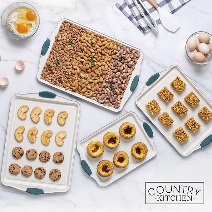 Country Kitchen Nonstick Stackable Bakeware Set - Heavy Duty, Durable, Easy Release Baking Set, Sage, 4 Pcs