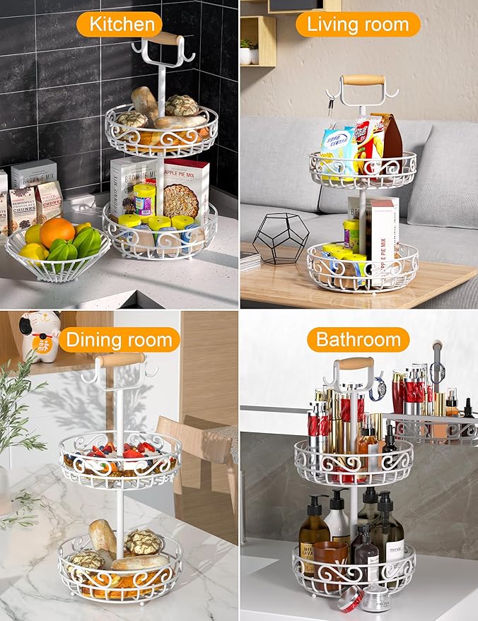 2-Tier 𝐅𝐫𝐮𝐢𝐭 𝐁𝐚𝐬𝐤𝐞𝐭 and Fruit Bowl - Fruit and Vegetable Storage with Banana Tree Hanger and Wood Handle, Fruit Basket for Kitchen Counter, for Bread Onions Potatoes Veggies Produce