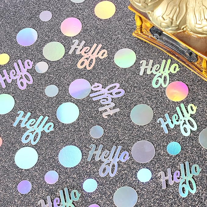 Hello 60 Birthday Confetti for Table Iridescent 60th Birthday Party Decorations for Women Sixty Years Old Happy Birthday Tables Scatter Circle Dots Party Confetti Anniversary Decor 300PC