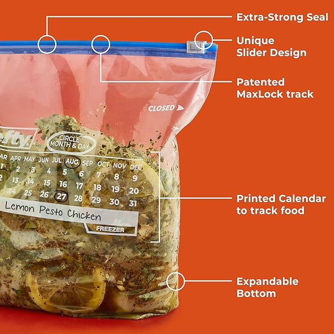 Hefty Calendar Slider Gallon Freezer Bags, 1 Gallon Size Slider Bags with Stand and Fill Expandable Bottoms, Helps Prevent Freezer Burn, 25 Count (Pack of 4)