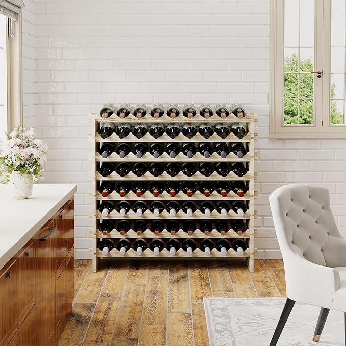 Modular Real Wood Wine Storage Racks - Stackable Wine Rack, Free Standing Floor Wooden Wine Rack, Premium Wine Storage Rack Elegant Display and Organizing for Kitchen and Cellar 8 Tier 72 Bottles
