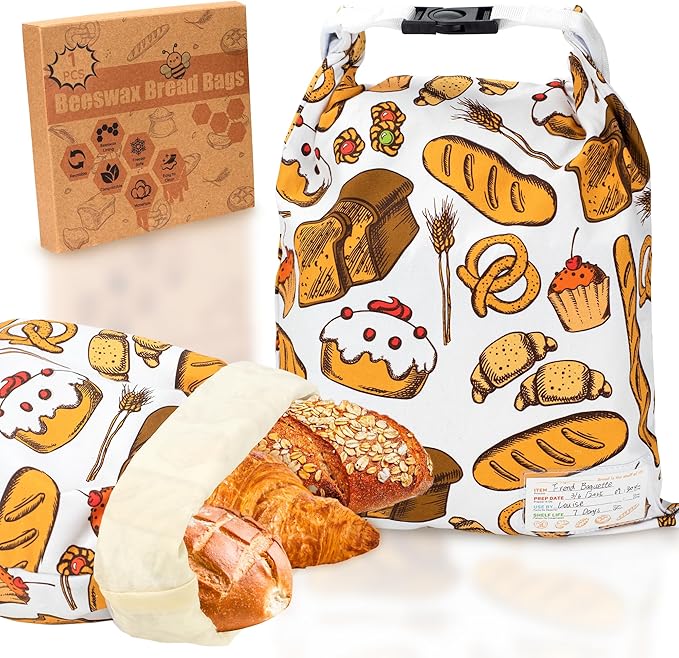Reusable Beeswax Bread Bag for Homemade Bread & Sourdough Loaf, Fridge-Safe Storage Container with Dual-Zip Freshness Lock & Food Lables Note Dates on, Natural Cotton and Beeswax Lining Keep Fresh