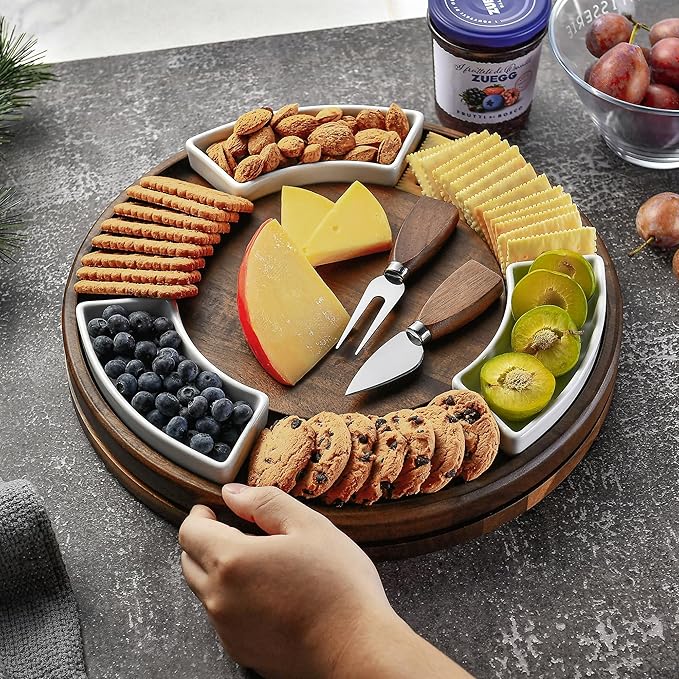 Shanik Lazy Susan Table Top Cheeseboard- Acacia Wood Rotating Serving Platter for Cheese, Charcuterie, and Appetizers, Elegant Serving Tray for Snacks, Entertaining, Parties and Family Gatherings