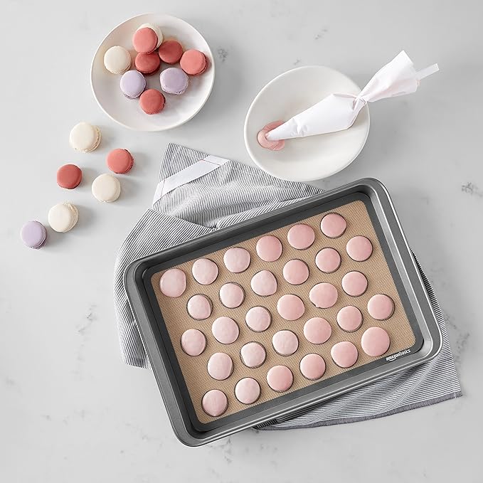 Amazon Basics Silicone Baking Mat for Macarons, Non-Stick, Food Safe, 16.5" x 11.6", Beige/Gray, Pack of 2
