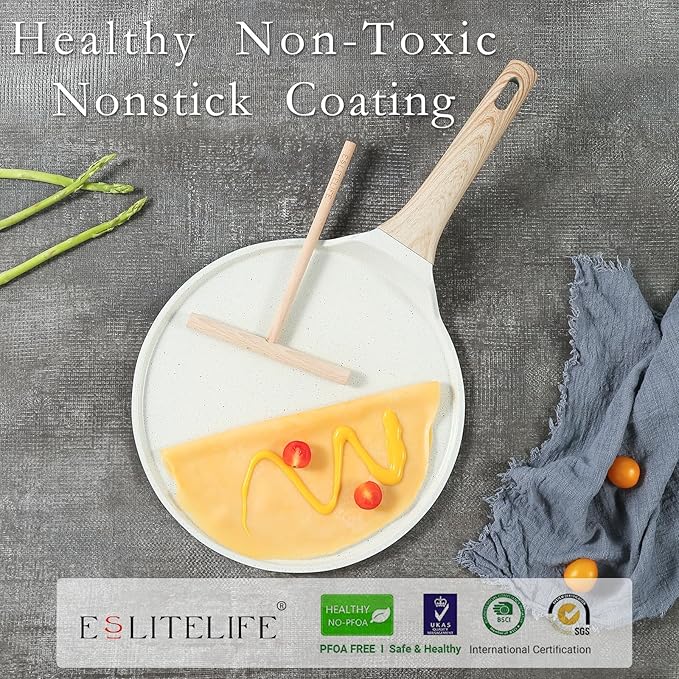 ESLITE LIFE 11 Inch Crepe Pan with Spreader, Nonstick Ceramic Flat Skillet Dosa Tawa Comales Para Tortillas Pancake Pan, PTFE & PFOA Free, White