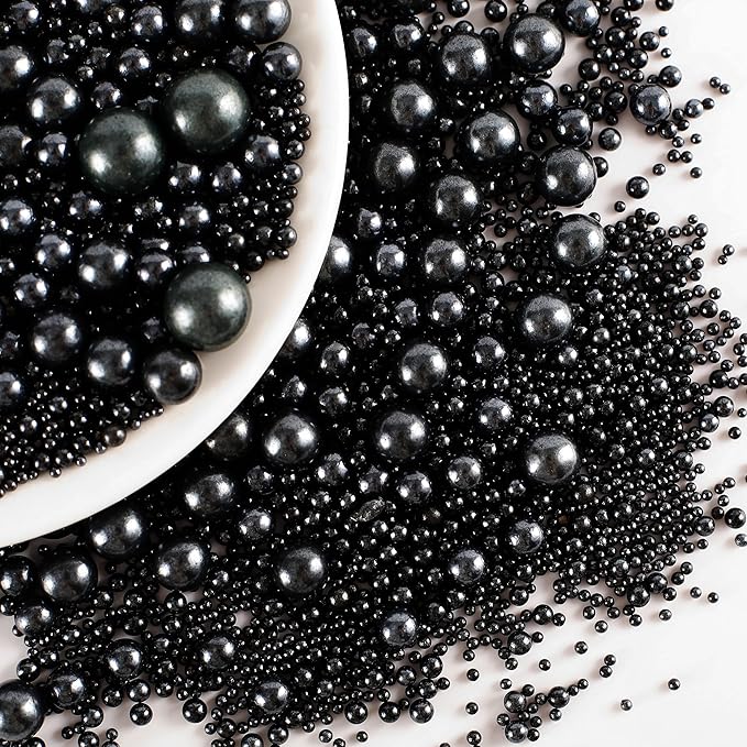 Kasvan Black Pearl Sugar Sprinkles - Edible Candy Pearls 130g/4.58 Oz, Mix Size, Baking Cake Decorations, Ice Cream Toppings and Cookie Decorating, Wedding Party Chirstmas Supplies