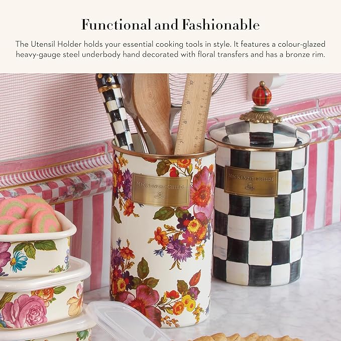 MACKENZIE-CHILDS Enamel Utensil Holder, Kitchen Utensil Holder for Countertop, Storage Caddy, White Flower Market