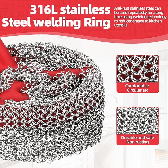 Cast Iron Chainmail Scrubber with Handle （ABS） - Cleaner for Pans and Pots - Premium Stainless Steel/Silicone Scraper for Skillets - Ergonomic Food-Safe Design - Easy to Clean Cookware Dish Brush