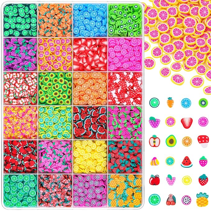 24-Grid Fruit Slice Polymer Clay Cute Slime Add Ins for Nail Art, Kawaii Scrapbooking Embellishments & Lip Gloss, Cellphone Decorations Bulk Slime Mix Ins Assorted Fruits Accessories for DIY Crafting