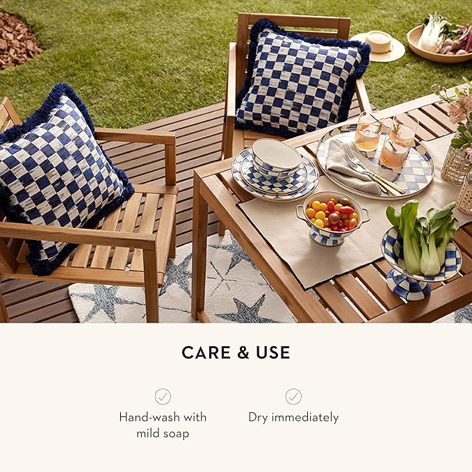 MACKENZIE-CHILDS Enamel Round Tray, Unique Serving Platter for Food and Drinks, Blue-and-White Royal Check