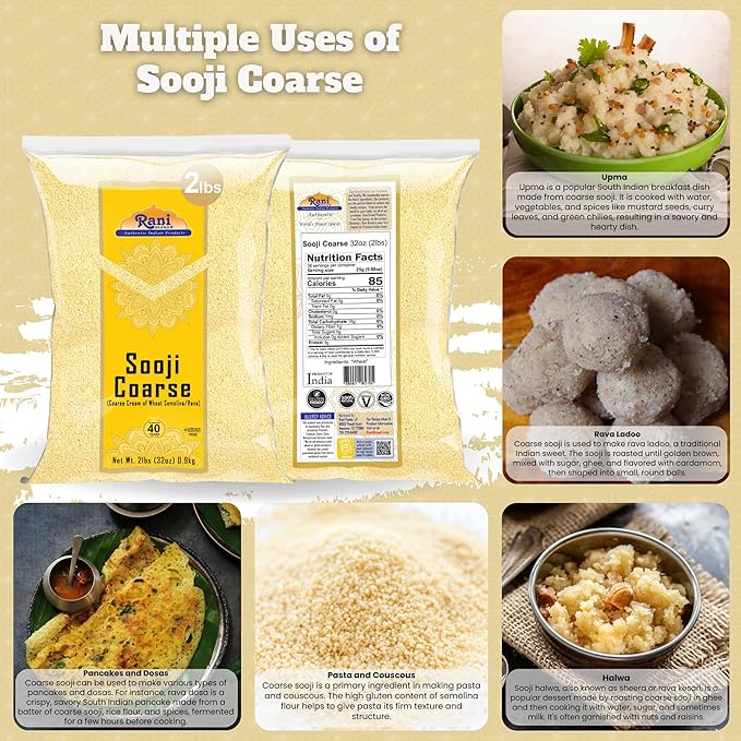 Rani Sooji Coarse (Farina, Suji, Rava, Rawa, Wheat Semolina) Flour 32oz (2lbs) 908g ~ All Natural | Vegan | NON-GMO | Kosher | Indian Origin