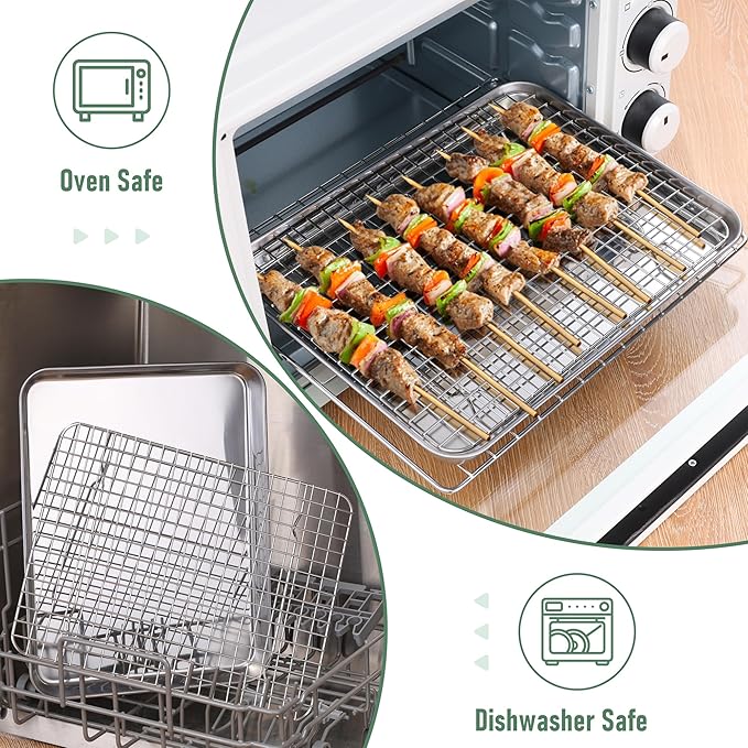 Baking Sheet with Wire Rack Set, Homikit Stainless Steel Quarter Sheet Pan with Grid Cooling Rack for Toaster Oven Roasting, Metal Bacon Cookie Trays Nonstick Jelly Roll Pan, 12" x 10" x 1 Inch