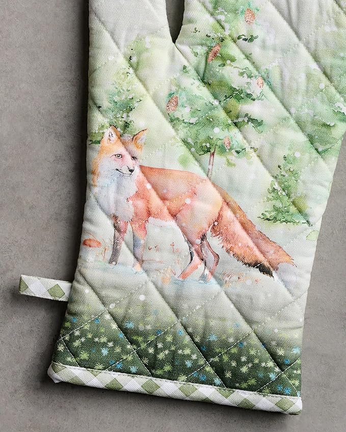 Maison d' Hermine 100% Cotton Oven Mitt & Pot Holder Set (7.5"x13" & 8"x8") Heat Resistant BBQ Cooking Gloves with Loop, Baking, Grilling, Kitchen, Handling Hot Pans (Winter Mornings)