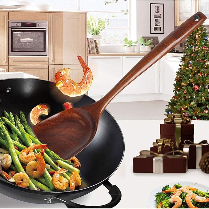 FJNATINH Wooden Wok Spatula Ladle Tool Set, 14-inch Long Handle Teak Wok Spatula
