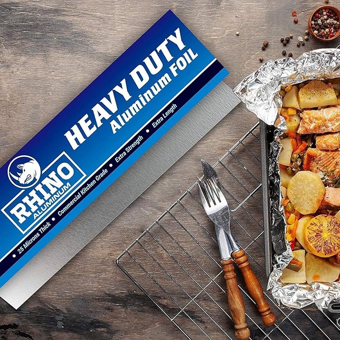 Rhino Aluminum Heavy Duty Aluminum Foil | Rhino 12 x 350 sf Long Roll, 25 Microns Thick | Commercial Grade & Extra Thick, Strong Enough for Food Service Industry (Pack of 4)