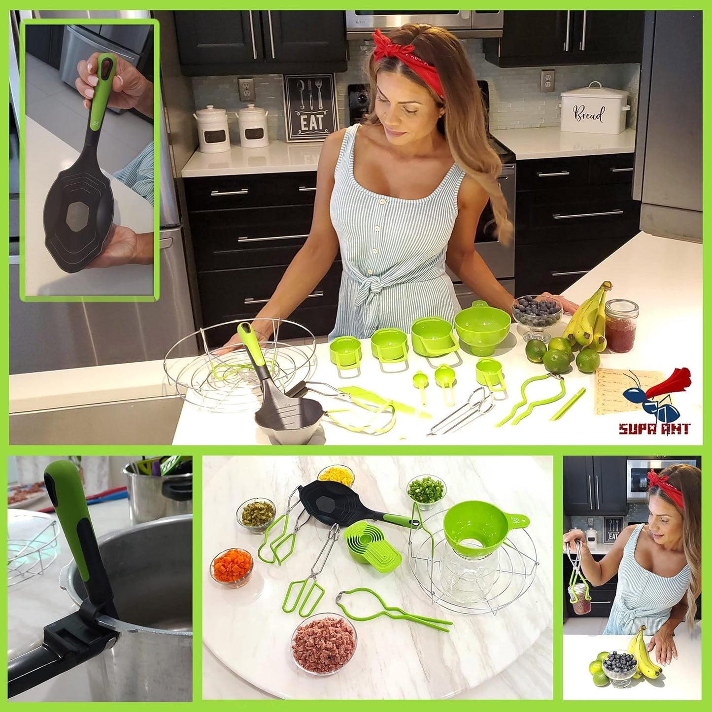 Supa Ant Canning Supplies Starter Kit- Canner Accessories with Canning Rack for Jars, XL Ladle,Wide Mouth Jar Funnel,Jar Lifter and Wrench,Bubble Popper/Measurer,Lid Lifter,Kitchen Tongs (Light Green)