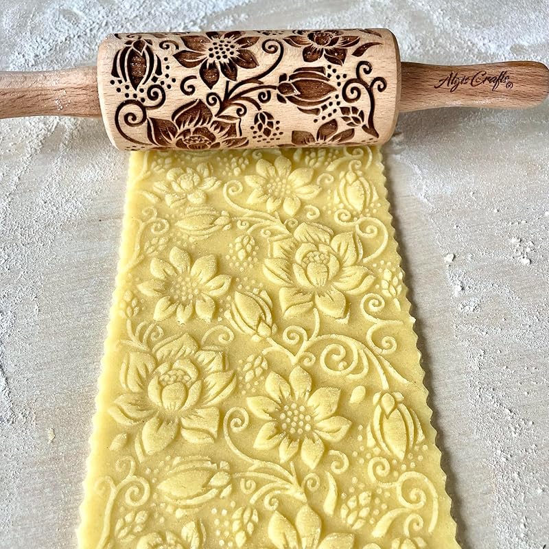 FLORET 3 Kid Rolling Pin Set with Lotus, Kashmir, Paisley, Flowering Vine, Lily Flowers Patterns. Wooden Laser Cut Mini Rolling Pins for Cookies, Play Dough, Salt Dough or Clay by Algis Crafts