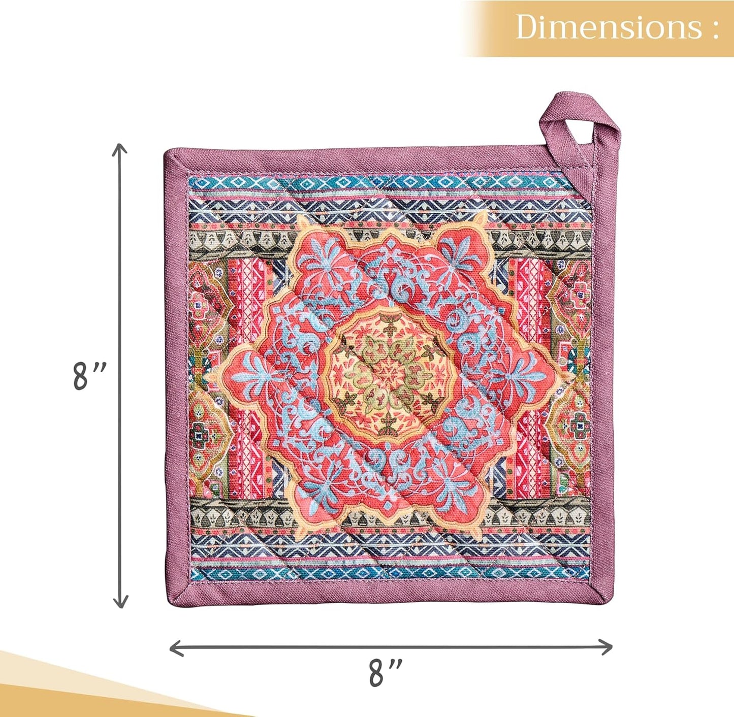 Maison d' Hermine Pot Holders 100% Cotton Heat Resistant Potholders 8" x 8" Hot Pads with Loop BBQ, Cooking, Baking, Grilling, Kitchen, Handling Hot Pans (Pack of 1, Ispahan)
