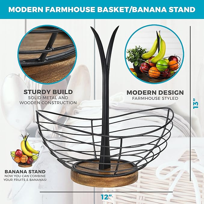 Modern Farmhouse Fruit Basket with Banana Holder for Kitchen Counter, Vintage Wire and Wooden Base Fruit Bowl & Banana Hanger for Kitchen Countertop Decor, Banana Tree & Fruit Stand
