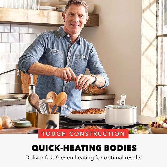 GreenPan x Bobby Flay 13 Piece Cookware Pots and Pans Set and 8" Chef's Knife. PFAS & PFOA-Free Ceramic Nonstick, Induction Suitable, Stay-Cool Silicone Handle, Dishwasher & Oven Safe, Cream