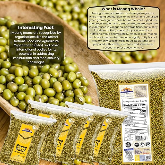 Rani Moong Whole (Ideal for Cooking & Sprouting, Whole Mung Beans w/Skin) Lentils Indian 128oz (8lbs) x Pack of 5 (Total 40lbs) Bulk ~ All Natural | Gluten Friendly | Non-GMO | Vegan | Indian Origin