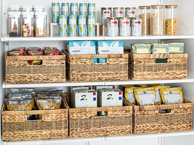 StorageWorks Large Rectangular Wicker Basket, Water Hyacinth and Seagrass Storage Basket with Built-in Handles, 1 Pack