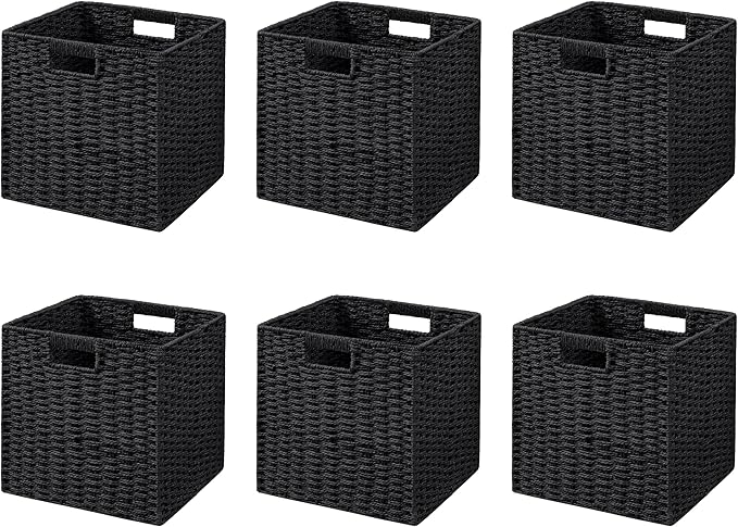 UBBCARE 6 Pack Wicker Basket, 11L×11H×10.5W inch Woven Paper Rope Storage Baskets for shelves, Foldable Cube Storage bin with Handle, Storage Basket for Organizing & Decor, Black