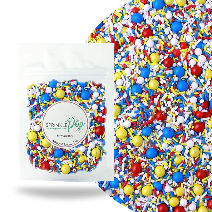 Sprinkle Pop Crash! Boom! Pow! Sprinkle Mix| Red Yellow Blue White Sprinkles| Superhero Cartoon Comic Book Themed Birthday Sprinkles Made in USA for Decorating Cupcakes Cakes Cookies Ice Cream, 2oz