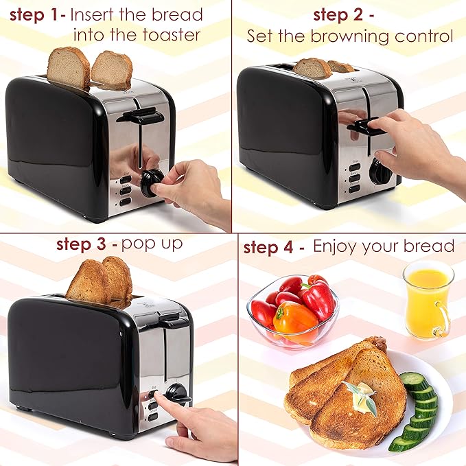 Moss & Stone 2 Slice Toaster, 1.5in Extra-Wide Slot For Bagel & Defrost with 5 Shade Settings, Bread Toaster 2 Slice With Removable Crumb Tray, Black
