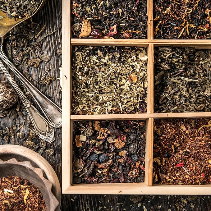 Bamboo Tea Organizer Box Chemical Free Eco-Friendly Big, Tall, Adjustable Cubbies Natural Wooden Storage Chest (Tea Time, 6-Slot 11" x 8.1" x 4.2")