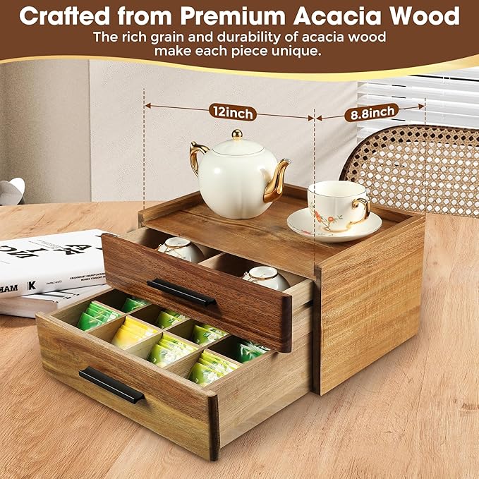 Double-Drawer Acacia Wood Tea Bag Organizer - Tea Box with Drawer, Tea Accessories for Tea Organizers and Storage Box, Tea Station Chest Caddy for Countertop Cabinet Office (16-Compartment, Gift Box)