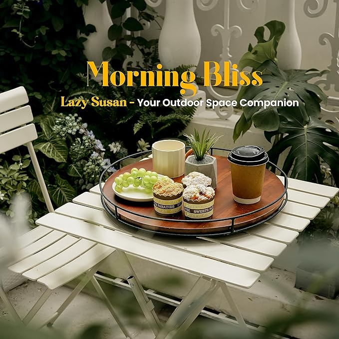 18" Acacia Wood Lazy Susan Turntable with Metal Frame - Large Brown Lazy Susans Organizer Countertop Storage - Wooden Serving Tray for Charcuterie Cheese Board - Kitchen Counter Rotating