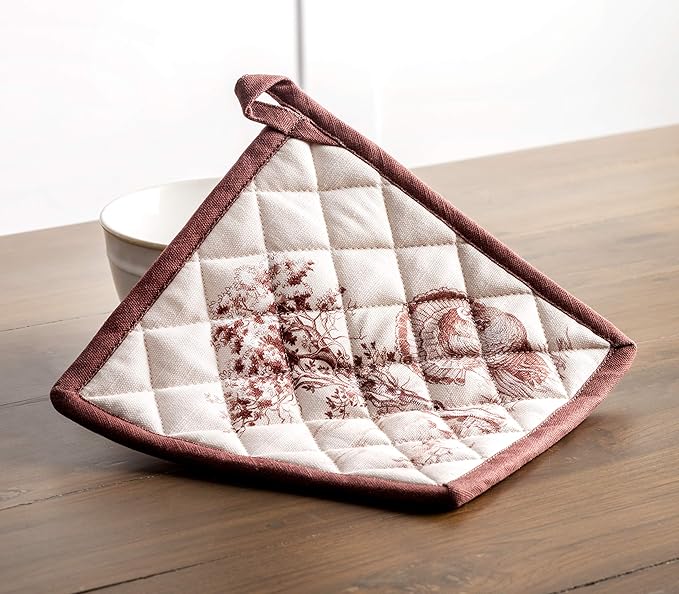 Maison d' Hermine 100% Cotton Oven Mitt & Pot Holder Set (7.5"x13" & 8"x8") Heat Resistant BBQ Cooking Gloves with Loop, Baking, Grilling, Kitchen, Handling Hot Pans (Holy Jouy - Brown)