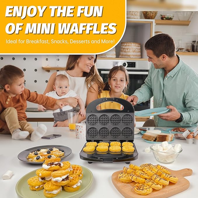 Mini Waffle Maker Machine, Small Waffle Bites Maker for Kids, Makes 8 x 2” Tiny Waffle Bites, Ideal for Breakfast, Snacks, Desserts and More