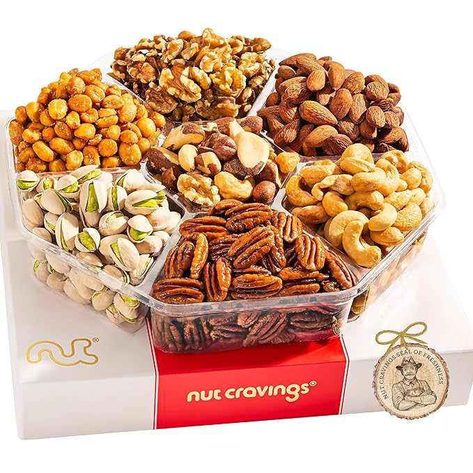NUT CRAVINGS - Mixed Nuts Gift Basket in Red Gold Box (7 Assortments, 2 LB) Food Arrangement, Healthy Snack Care Package, Food Assortments