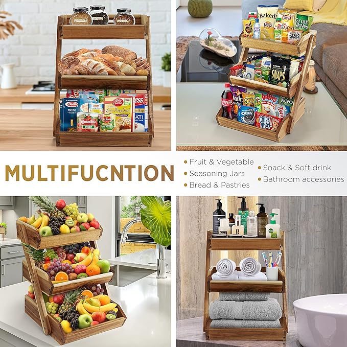 3-Tier Fruit Basket for Kitchen - Durable, Multifunctional, Large Capacity Fruit & Veggie Stand with Snack Organizer