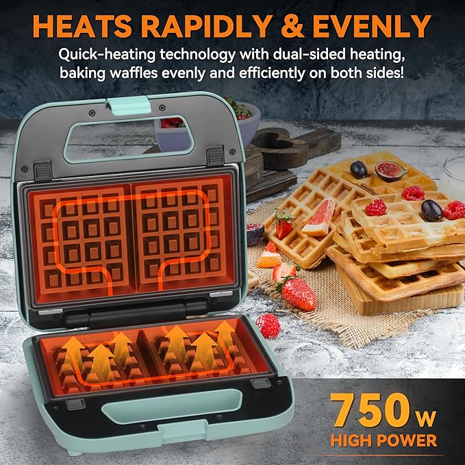 Baker’s Friend 3 in 1 Mini Waffle Maker with Removable Plates, Mini Pancake Maker, Grilled Cheese Maker, Breakfast Sandwich Maker Press, Mini Indoor Grill, Belgian Waffle Maker, Aqua